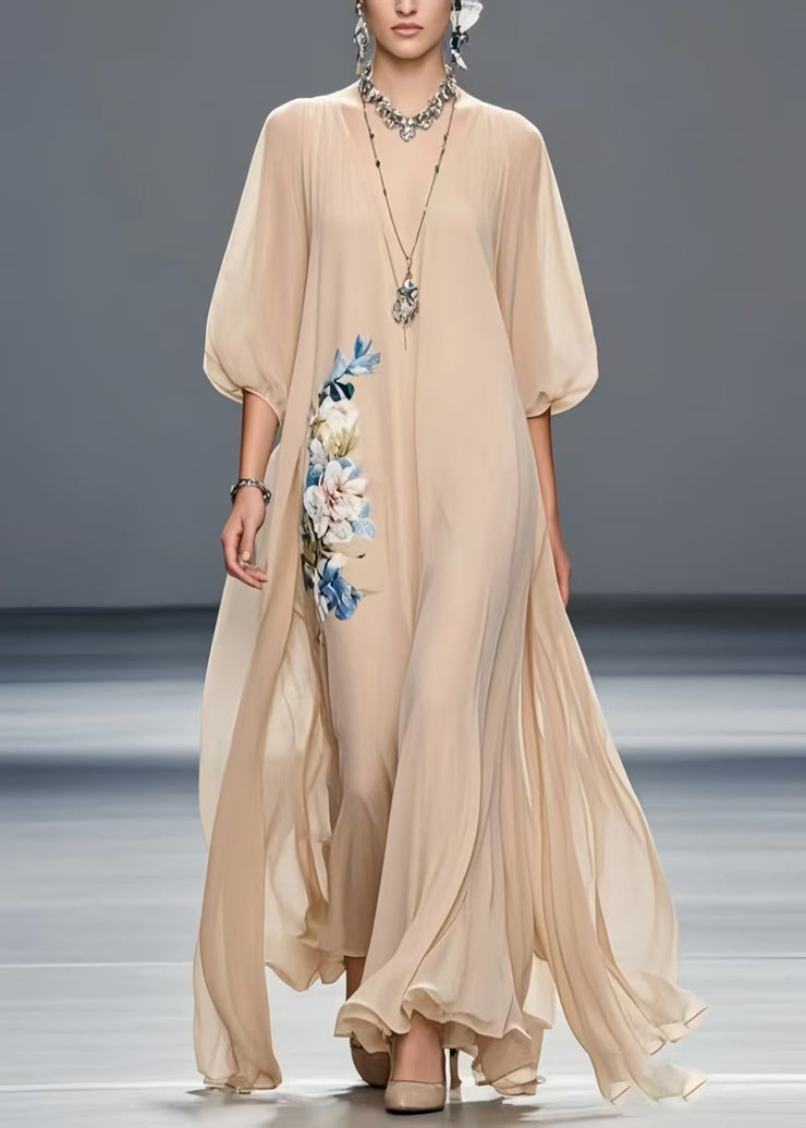 Art Khaki Oversized Floral Chiffon Holiday Dress Summer