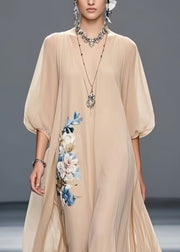Art Khaki Oversized Floral Chiffon Holiday Dress Summer