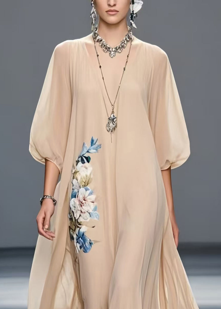 Art Khaki Oversized Floral Chiffon Holiday Dress Summer