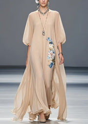 Art Khaki Oversized Floral Chiffon Holiday Dress Summer