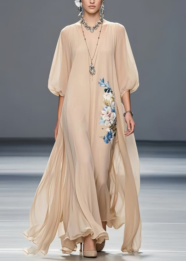 Art Khaki Oversized Floral Chiffon Holiday Dress Summer