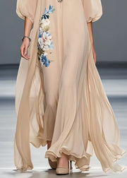 Art Khaki Oversized Floral Chiffon Holiday Dress Summer