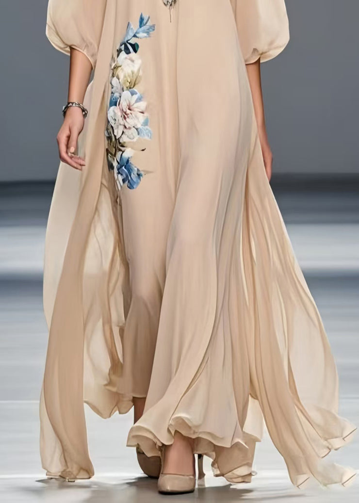 Art Khaki Oversized Floral Chiffon Holiday Dress Summer