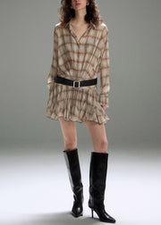 Art Khaki Peter Pan Collar Plaid Cotton Shirt Dresses Fall