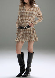 Art Khaki Peter Pan Collar Plaid Cotton Shirt Dresses Fall