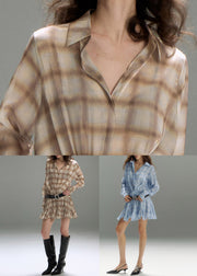Art Khaki Peter Pan Collar Plaid Cotton Shirt Dresses Fall