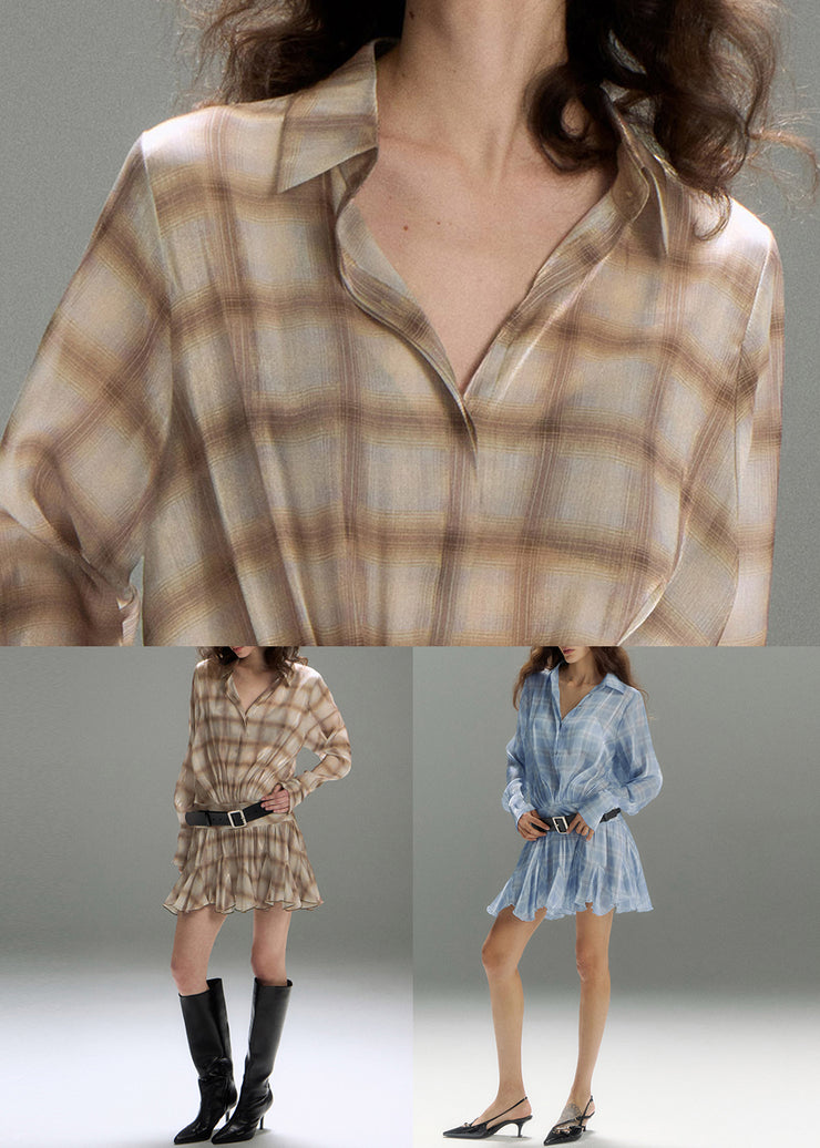 Art Khaki Peter Pan Collar Plaid Cotton Shirt Dresses Fall