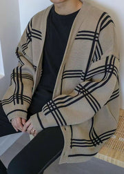 Art Khaki Plaid Button Knit Men Cardigans Spring