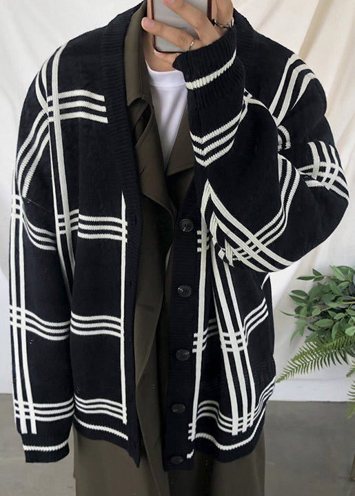 Art Khaki Plaid Button Knit Men Cardigans Spring