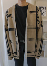 Art Khaki Plaid Button Knit Men Cardigans Spring