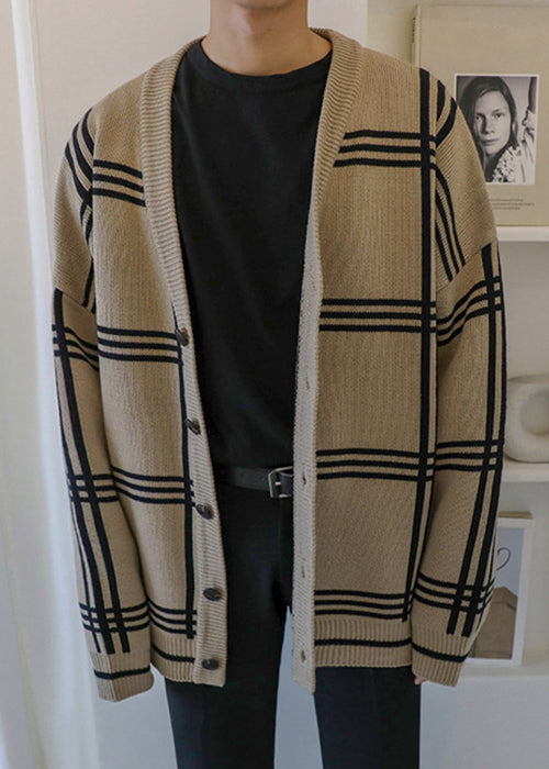 Art Khaki Plaid Button Knit Men Cardigans Spring