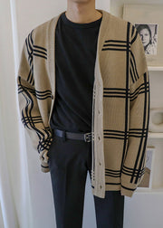 Art Khaki Plaid Button Knit Men Cardigans Spring