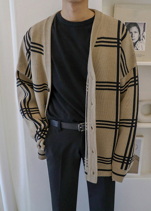 Art Khaki Plaid Button Knit Men Cardigans Spring