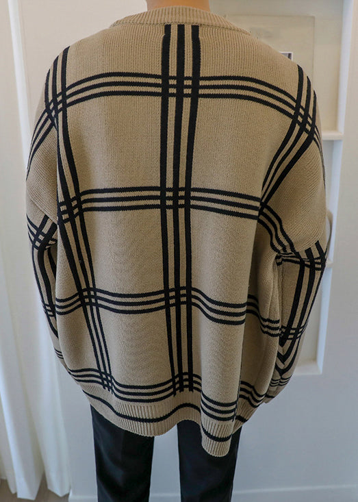 Art Khaki Plaid Button Knit Men Cardigans Spring