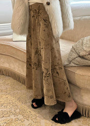 Art Khaki Print High Waist Silk Velvet Skirts Fall