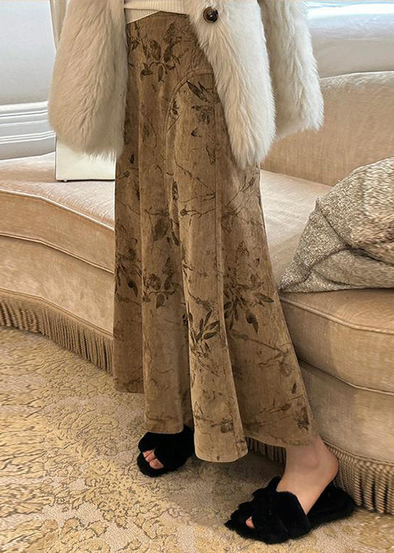 Art Khaki Print High Waist Silk Velvet Skirts Fall