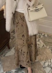 Art Khaki Print High Waist Silk Velvet Skirts Fall