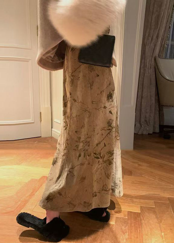 Art Khaki Print High Waist Silk Velvet Skirts Fall