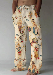 Art Khaki Print Pockets Elastic Waist Cotton Mens Pants Summer