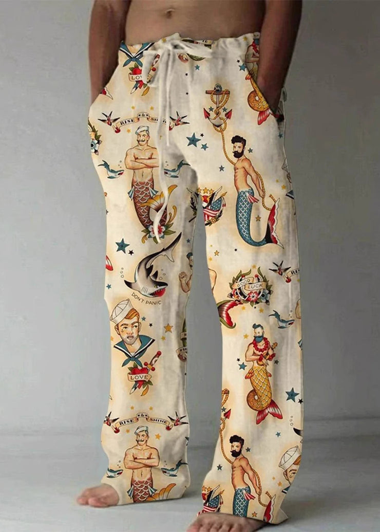 Art Khaki Print Pockets Elastic Waist Cotton Mens Pants Summer