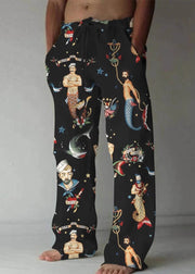 Art Khaki Print Pockets Elastic Waist Cotton Mens Pants Summer