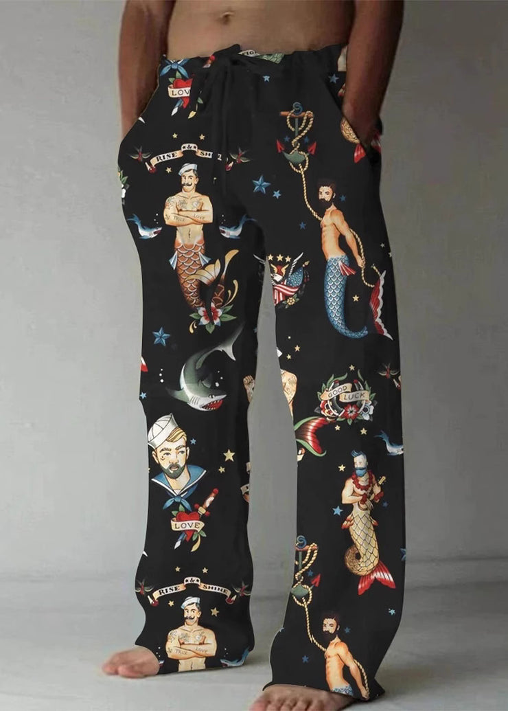 Art Khaki Print Pockets Elastic Waist Cotton Mens Pants Summer