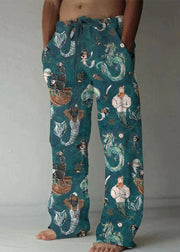 Art Khaki Print Pockets Elastic Waist Cotton Mens Pants Summer