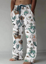 Art Khaki Print Pockets Elastic Waist Cotton Mens Pants Summer
