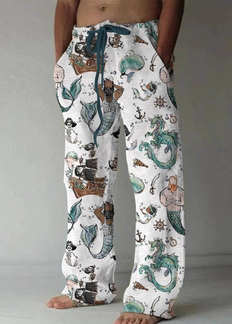 Art Khaki Print Pockets Elastic Waist Cotton Mens Pants Summer