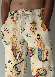 Art Khaki Print Pockets Elastic Waist Cotton Mens Pants Summer