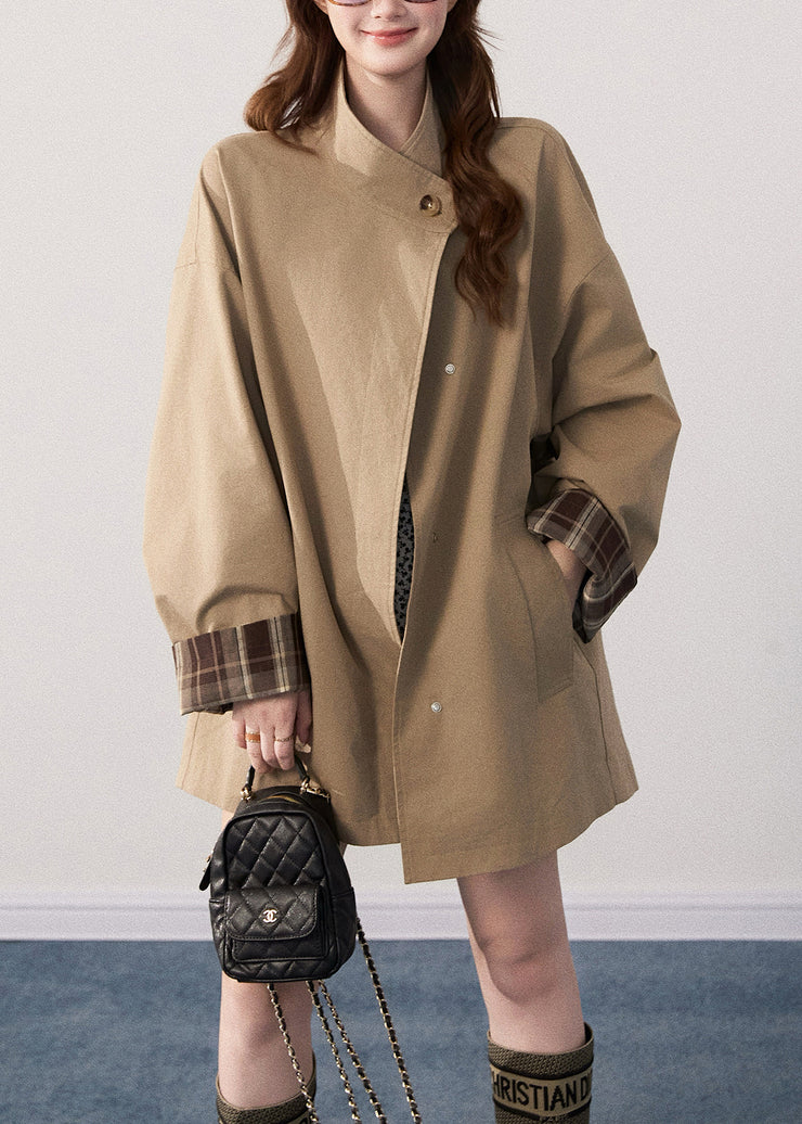Art Khaki Stand Collar Oversized Cotton Trench Coats Fall