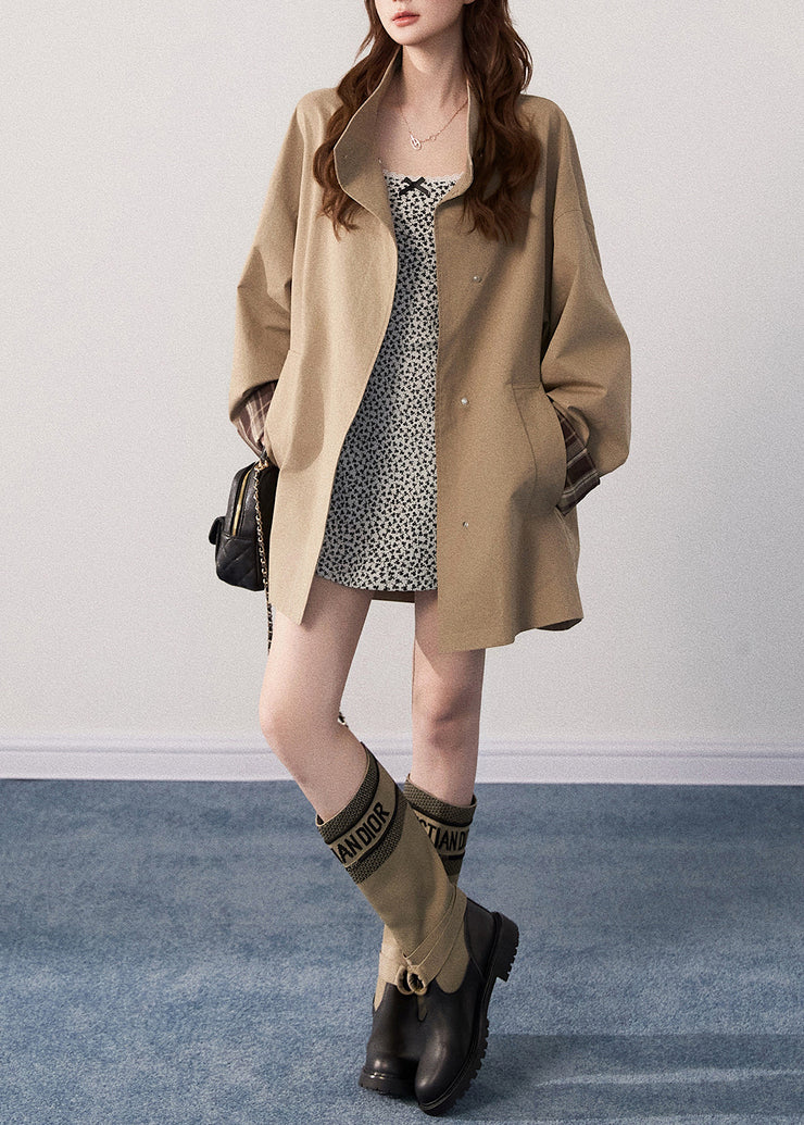 Art Khaki Stand Collar Oversized Cotton Trench Coats Fall