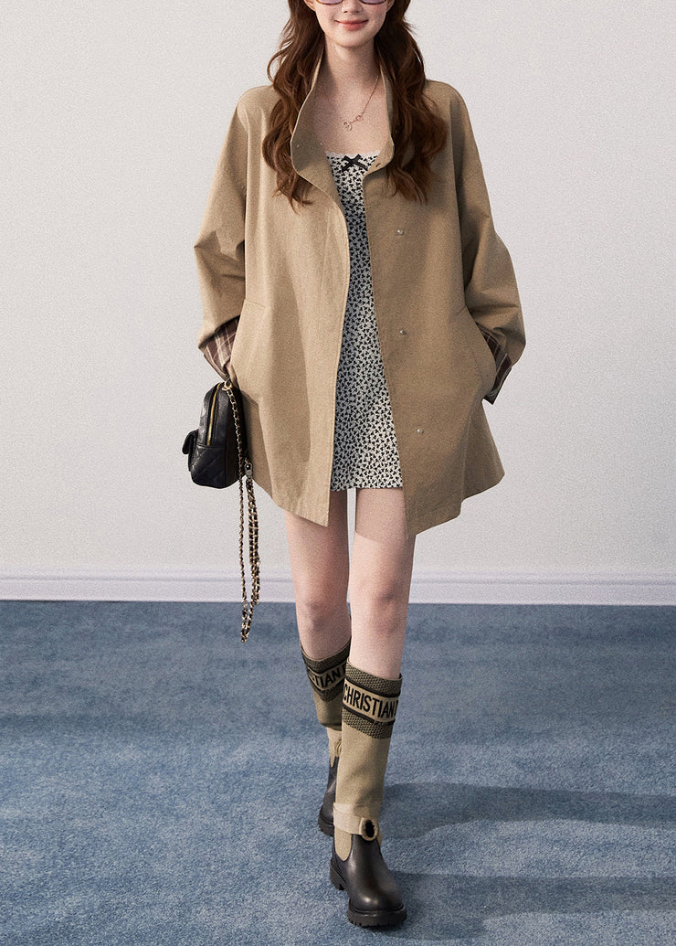 Art Khaki Stand Collar Oversized Cotton Trench Coats Fall