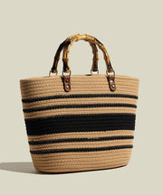 Art Khaki Striped Large Capacity Straw Woven Tote Handbag