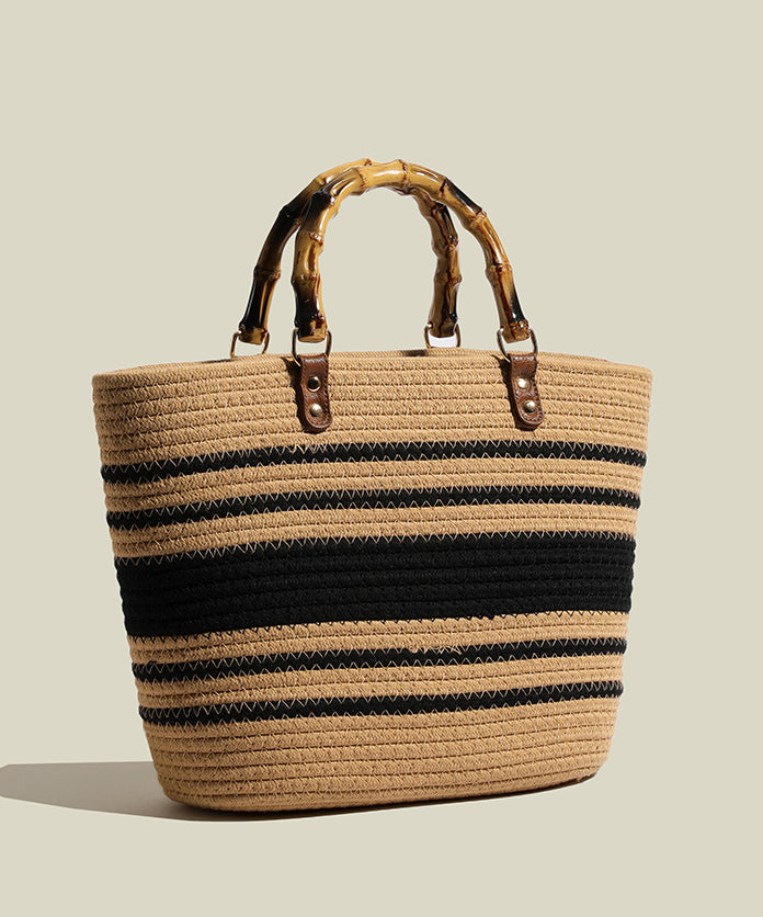 Art Khaki Striped Large Capacity Straw Woven Tote Handbag