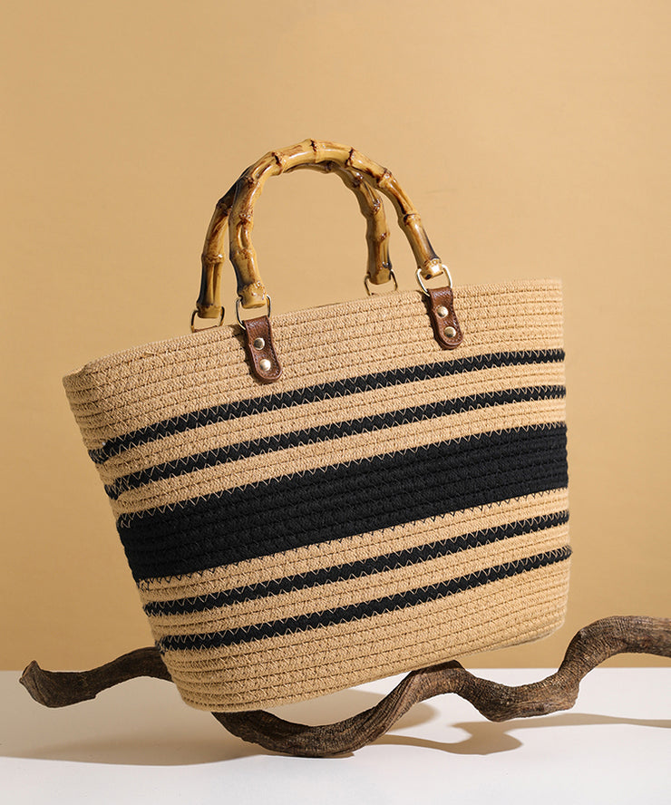 Art Khaki Striped Large Capacity Straw Woven Tote Handbag