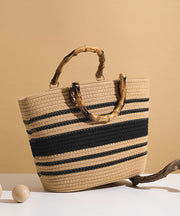 Art Khaki Striped Large Capacity Straw Woven Tote Handbag