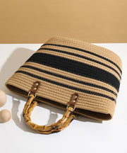 Art Khaki Striped Large Capacity Straw Woven Tote Handbag