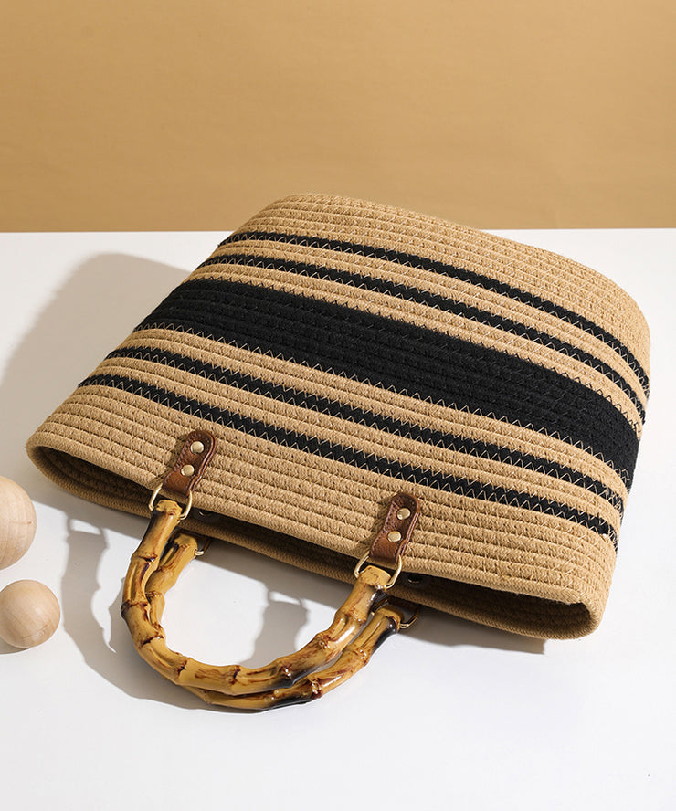 Art Khaki Striped Large Capacity Straw Woven Tote Handbag