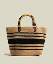Art Khaki Striped Large Capacity Straw Woven Tote Handbag