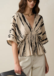 Art Khaki V Neck Print Cotton Shirt Half Sleeve