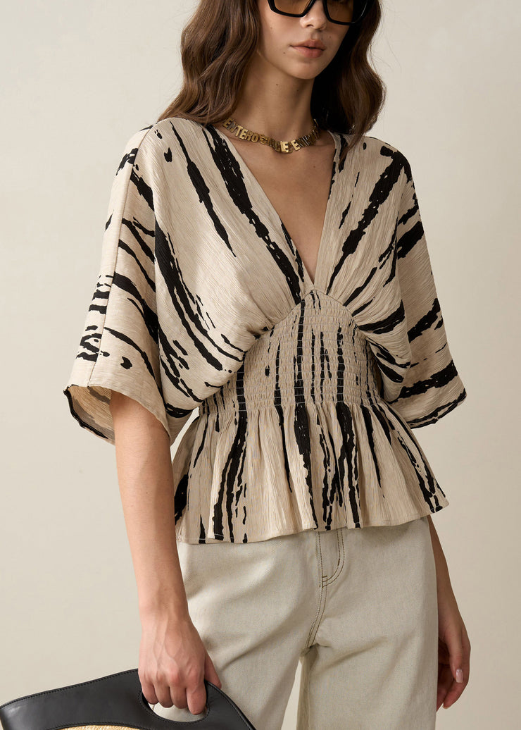 Art Khaki V Neck Print Cotton Shirt Half Sleeve