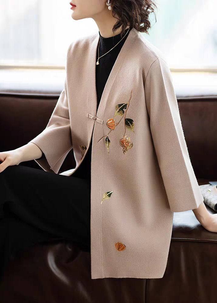 Art Khaki V Neck Woolen Coats Three Quarter Sleeve