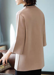 Art Khaki V Neck Woolen Coats Three Quarter Sleeve