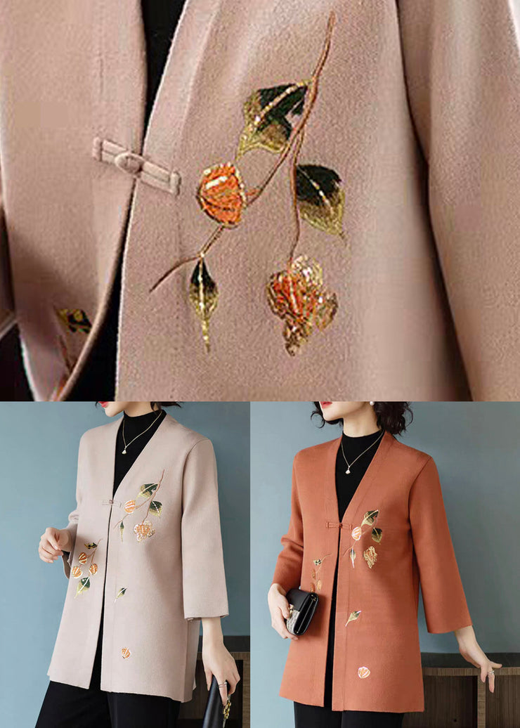 Art Khaki V Neck Woolen Coats Three Quarter Sleeve