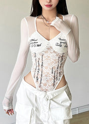 Art Lace Patchwork Graphic Tulle Bodysuit Black O-Neck