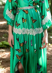Art Lake Green Butterfly Silk Holiday Dress Summer