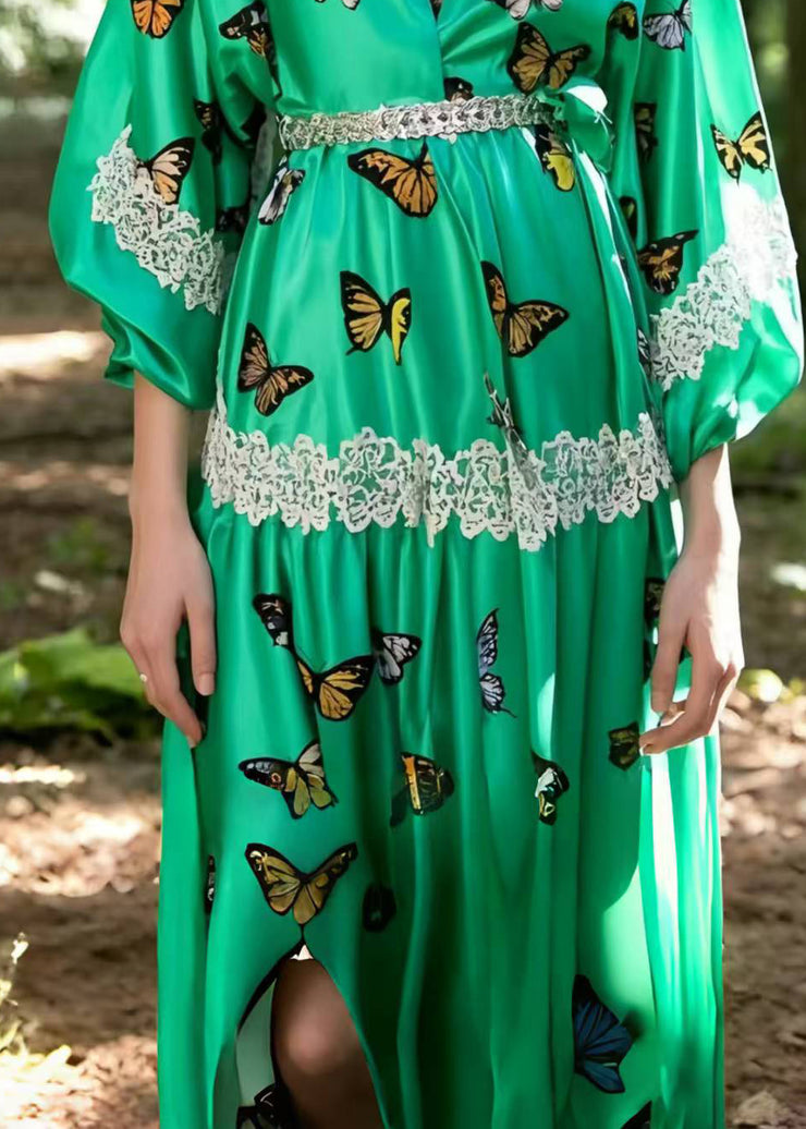 Art Lake Green Butterfly Silk Holiday Dress Summer