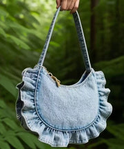 Art Light Blue Ruffled Denim Women Handbags