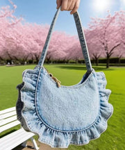 Art Light Blue Ruffled Denim Women Handbags